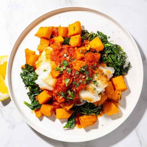 Golden baked cod with butternut squash and spinach, all resting in rich tomato-herb sauce.