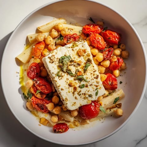 Golden-brown baked feta chickpeas & tomatoes, a delicious vegetarian meal served over pasta.