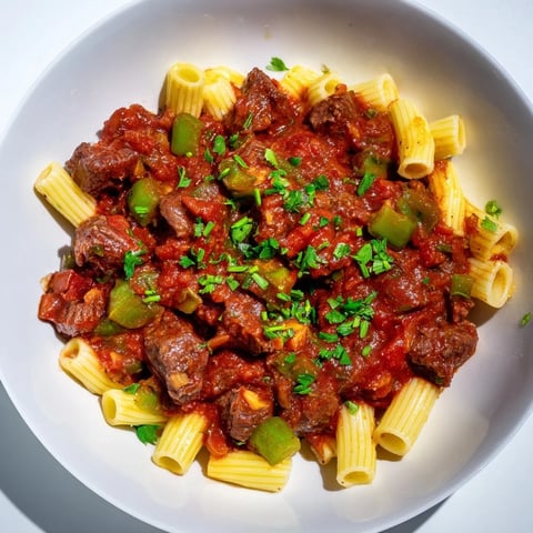 Hearty goulash with beef and pasta, steamy and fragrant, ready for a cozy family dinner.