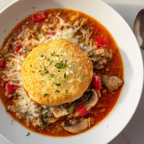 Pizza Pot Pie Soup topped with golden, bubbly cheese and biscuit crust.