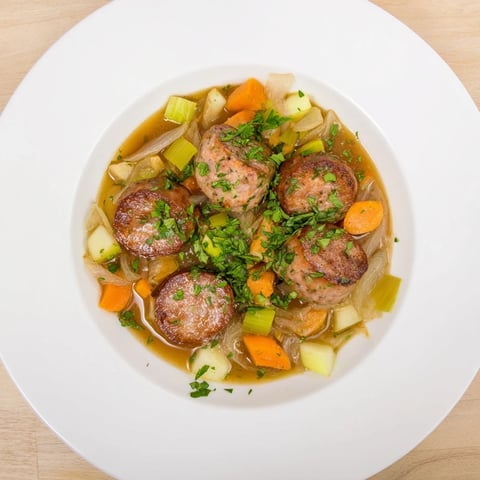 Golden-brown Stovetop Sausage, Celery, and Apple Hotpot bubbling, ready to be served with crusty bread.