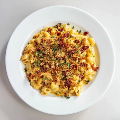 Golden, bubbly sheet pan mac and cheese with a crispy bacon crumble topping, so delicious.