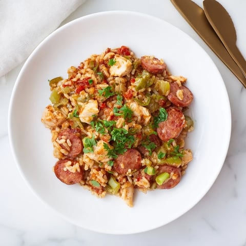 A steaming pan of Simple Chicken and Sausage Jambalaya Bake, fragrant with herbs and spices.