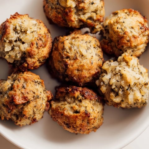 Fluffy golden Quick Christmas Stuffing Balls, baked to crisp perfection with herb-infused flavors.