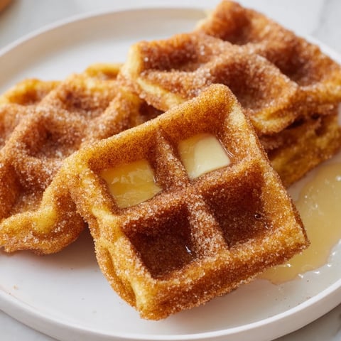 Golden Express Cinnamon Sugar Churro Waffles, coated in sweet cinnamon and ready to enjoy for breakfast.