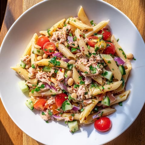 A colorful bowl of Spicy Tuna and White Bean Pasta Salad, perfect for a refreshing lunch.