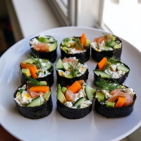 Vibrant High-Protein Sushi Wrap Smoked Salmon Holiday Roll, ready for serving with soy and ginger.