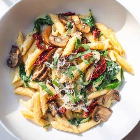 Creamy Sun-Dried Tomato Mushroom Penne Skillet ready to eat, with fresh basil and Parmesan sprinkled on top.