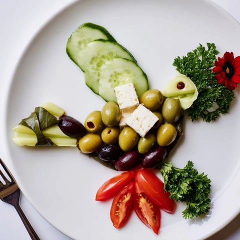 Colombe de la Paix Olive Platter, a visually stunning appetizer arranged like a peaceful dove, features vibrant olives.