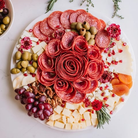 Vibrant charcuterie meat rose bouquet, holiday appetizer with colorful cheeses, fruits, and fresh herbs.