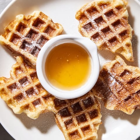 Golden-brown waffle quarters paired with a sweet maple syrup dip, a delicious breakfast.