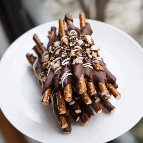 Chocolate covered pretzel stick stack, a sweet, layered dessert with crispy pretzels and drizzled white chocolate.