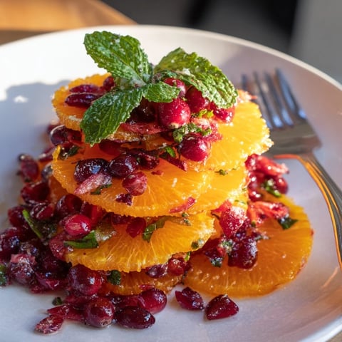 Vibrant winter fruit salad with orange slices and cranberries drizzled with a sweet citrus dressing.