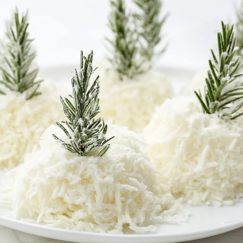 A festive cheese board, featuring sugared rosemary "frosted pine" sprigs and fluffy white cheddar.
