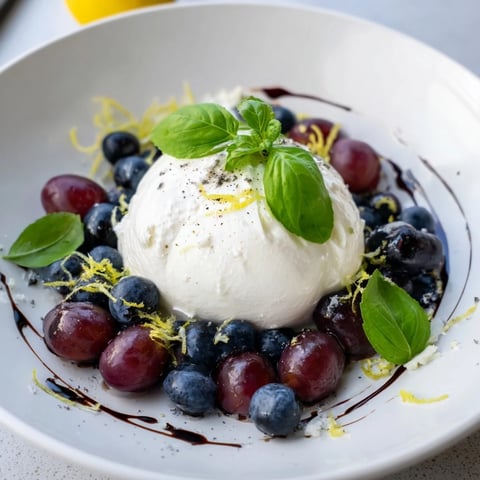 Moonlit Lagoon salad with creamy burrata, ripe grapes, and blueberries, perfect light summer appetizer.