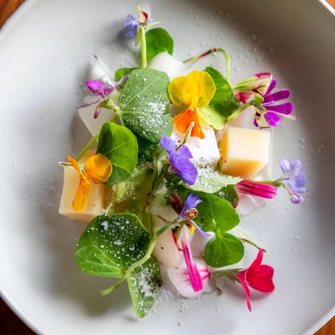 Delectable Secret Garden appetizer: colorful edible flowers and greens hiding savory cheese cubes.