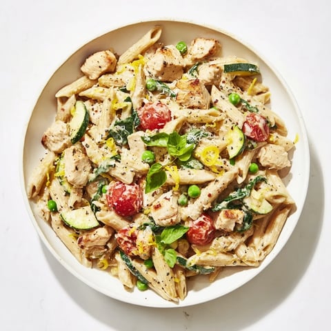 Golden-brown The Last Bite Chicken Pasta, served in a bowl, with fresh basil and Parmesan cheese sprinkled on top.