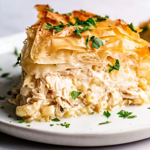 Golden-brown Chicken and Pasta Crinkle Cake, layered with crispy phyllo and cheesy filling, ready to serve.