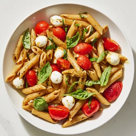Vibrant Caprese Pasta Salad, showcasing juicy tomatoes, creamy mozzarella, and basil, ready to eat!
