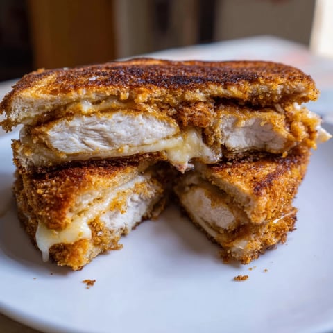 Golden, cheesy, Crispy Parmesan Chicken Thighs Grilled Cheese with visible melted cheese and perfect browning.