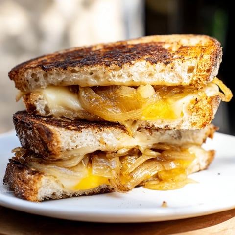 Golden brown Caramelized Onion and Gruyère Grilled Cheese, oozing melted cheese and savory onions.