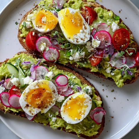 Close-up of golden, toasted sourdough with loaded avocado toast, featuring vibrant fresh toppings.