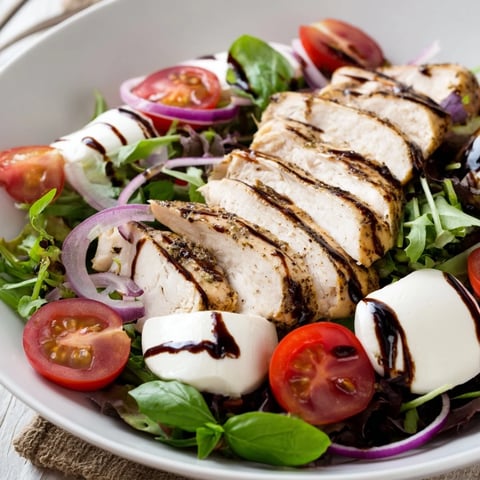 Grilled Caprese Chicken Salad with juicy chicken, balsamic glaze, and fresh mozzarella and tomatoes.