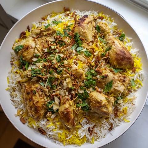 Steaming Kuwaiti Biryani rice, a flavorful layered rice dish, with tender chicken or lamb.
