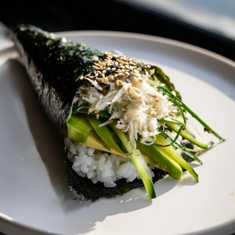 Warm, seasoned sushi rice hand rolls feature avocado, cucumber, and crab meat, ideal fresh bites.