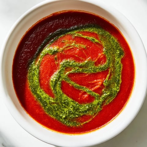 A close-up of creamy tomato soup in a white bowl, featuring a vibrant swirl of fresh basil pesto and garnished with a basil leaf.