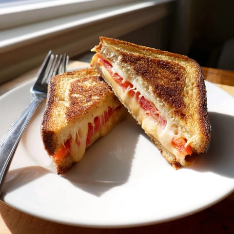 Golden-brown Pepper Jack & Tomato Grilled Cheese sandwich on jalapeño bread, with melted cheese oozing from the cut side.