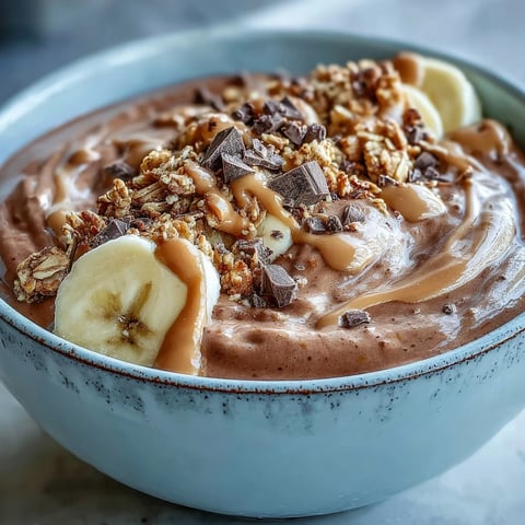 Rich chocolate peanut butter smoothie bowl topped with fresh banana slices, crunchy granola, and a dark chocolate drizzle.