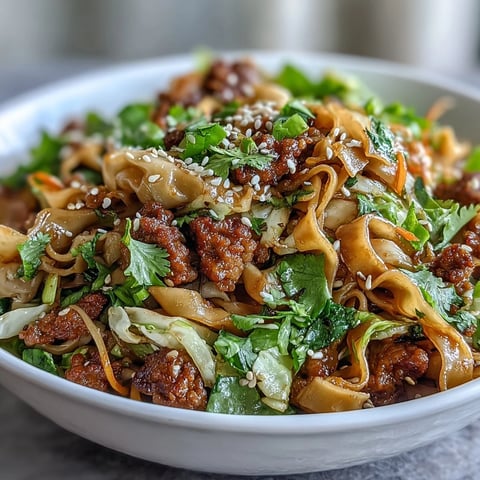 Fork-tender rice noodles tossed with browned pork, crisp cabbage, and carrots in a glossy, savory potsticker noodle bowls sauce.
