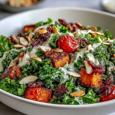 Vibrant massaged kale salad bowl topped with roasted sweet potato, red bell pepper, and zucchini. 