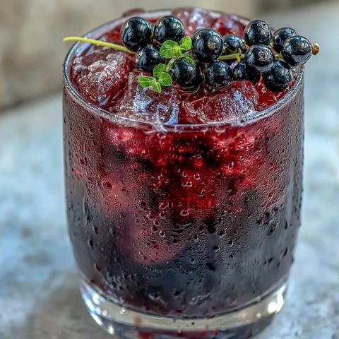 Bright purple Black Currant Shrub with fresh berries and apple cider vinegar, ideal for a refreshing vegan mocktail.