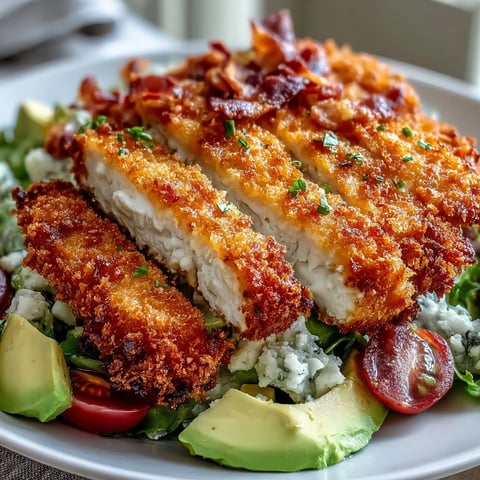 Golden-brown Parmesan Crusted Chicken Cobb Salad slices resting on a vibrant bed of greens, bacon, and avocado.