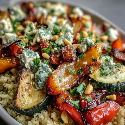 Golden roasted zucchini and bell peppers mixed with fluffy couscous, topped with crumbled feta and pine nuts in a baking dish.