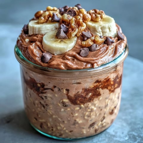 Creamy jar of Chunky Monkey Protein Overnight Oats layered with banana slices, peanut butter drizzle, and chocolate chips.