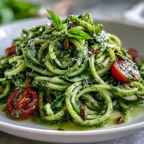 Freshly spiralized zucchini noodles coated in creamy Vegan Pumpkin Seed Pesto, garnished with halved cherry tomatoes and basil.