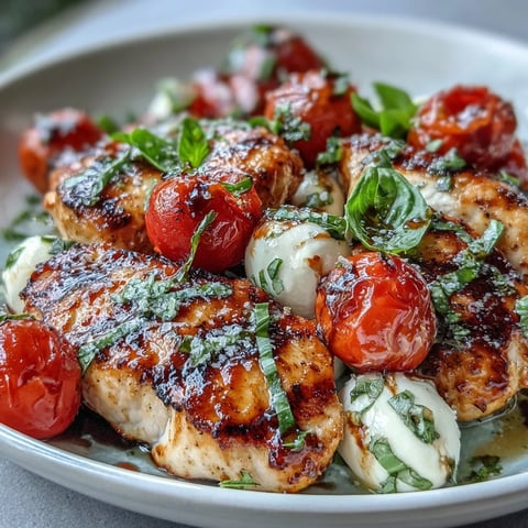 Freshly grilled chicken slices rest over a bed of greens, cherry tomatoes, and mozzarella in these Grilled Chicken Caprese Bowls with Balsamic Reduction. The dark grill marks contrast beautifully with the bright red tomatoes and white cheese.