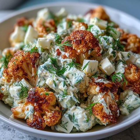 Creamy keto cauliflower potato salad with dill pickles and hard-boiled eggs, perfect for low-carb summer meals.  