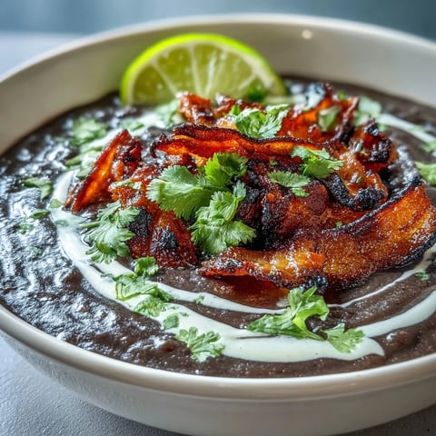 Creamy Black Bean Soup with Bacon and Lime Crema, topped with crispy bacon and a swirl of tangy lime crema.