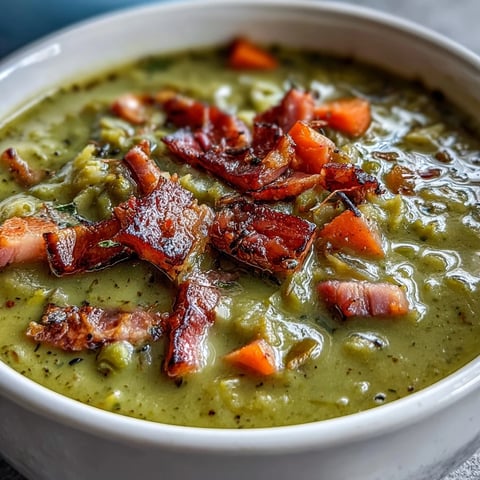 A steaming bowl of Ham and Split Pea Soup with tender carrots and savory ham chunks for a cozy meal.