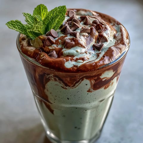Creamy chocolate protein shake blended with frozen banana and refreshing mint, topped with mini dark chocolate chips for a post-workout treat.  