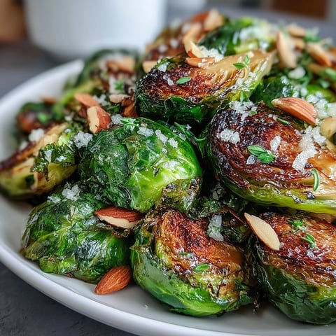 Herb-Lemon Roasted Brussels Sprouts with Almonds in a rustic serving bowl, golden and crisp with toasted almond slices.