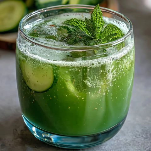 A vibrant green detox juice blending crisp cucumber, sweet apple, and spicy ginger, served chilled over ice with fresh mint garnish.