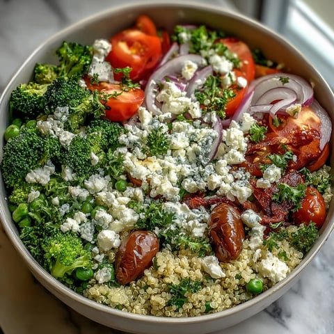 A colorful grain bowl with quinoa, broccoli, peas, and crumbled feta, topped with fresh parsley and a lemon Dijon dressing.