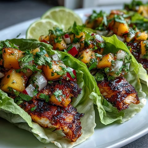 Fresh grilled fish tacos in crisp lettuce shells topped with vibrant mango salsa and creamy avocado slices — a light and healthy Mexican-inspired meal.