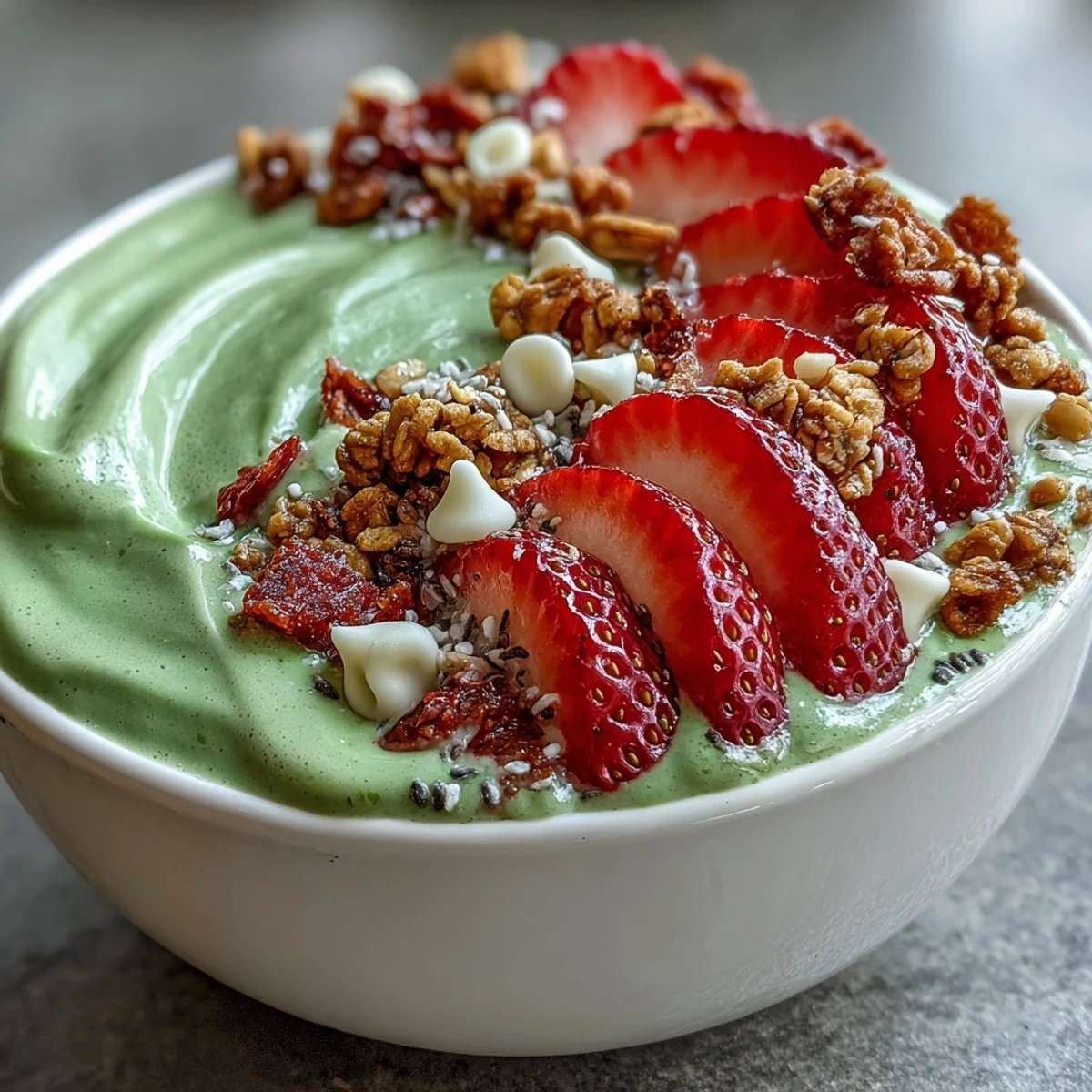 Creamy strawberry smoothie bowl topped with matcha swirl, fresh berries, granola, and coconut for a vibrant, café-inspired breakfast treat.
