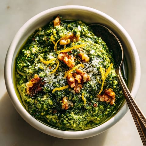 Vibrant homemade Fresh Basil and Walnut Pesto, a beautiful blend of basil, walnuts, and zesty lemon.